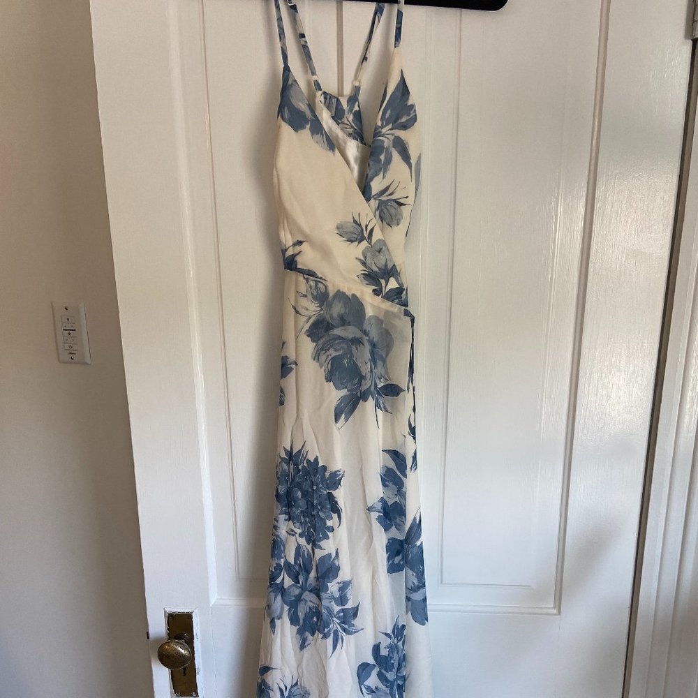 Lulu's Cream Maxi Dress with Blue Floral Print